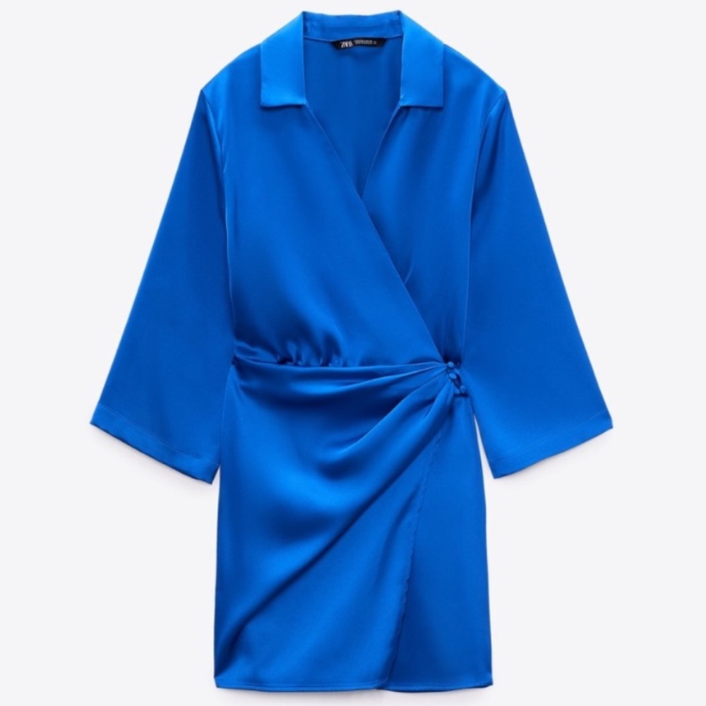 Zara Royal Blue Satin Wrap Mini Dress - Picture 14 of 16